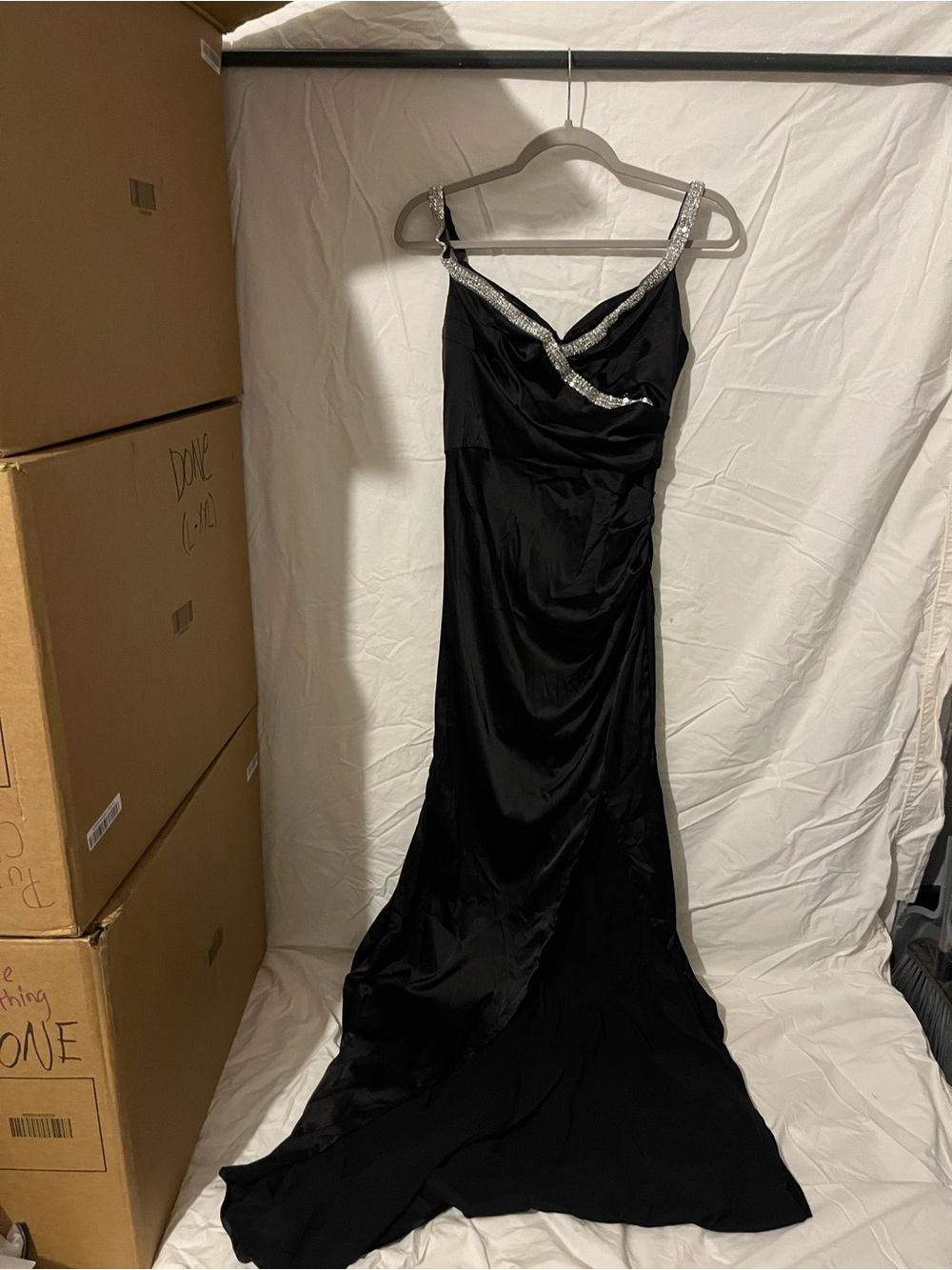 SHEIN Black Prom Gown with Silver Rhinestone Trim